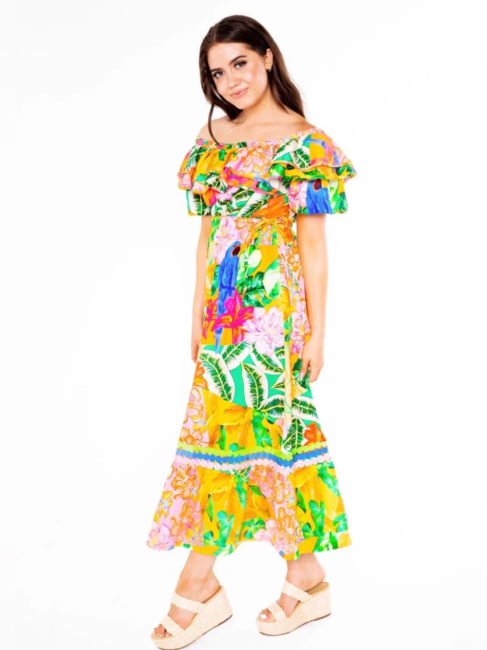Alden Adair Off the Shoulder Vacation Tropical Ruffle Filsan Dress - Size Medium